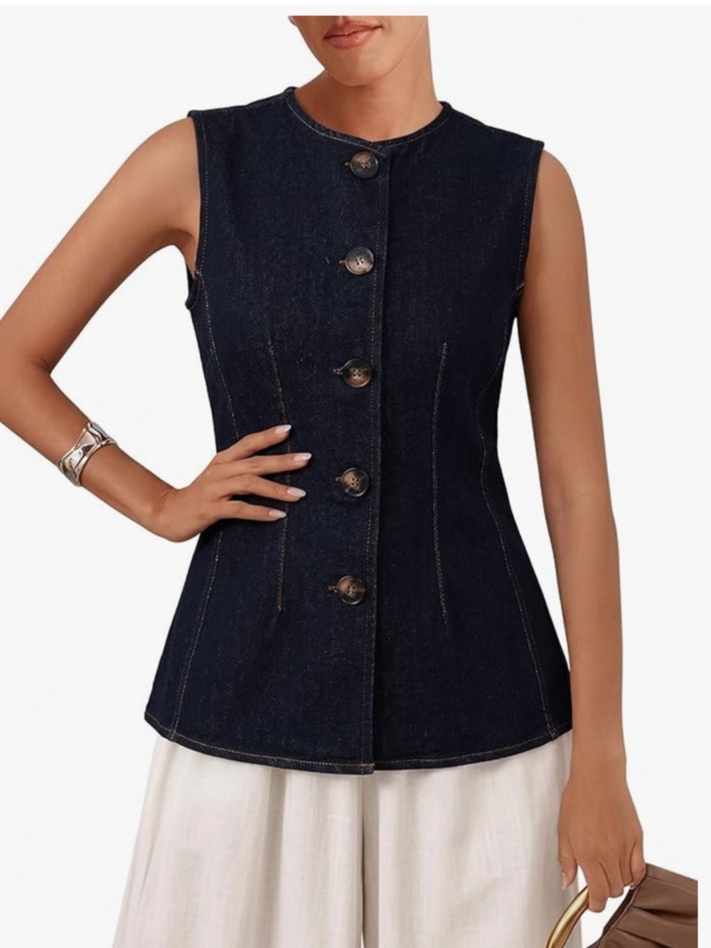 Sleeveless Dark Indigo Denim Button-Front Tank Top